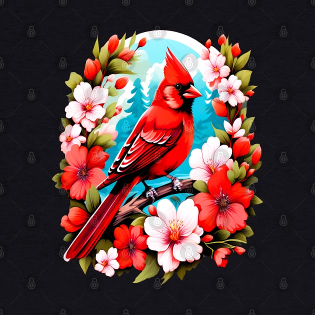 Cute Northern Cardinal Surrounded by Vibrant Spring Flowers by BirdsnStuff